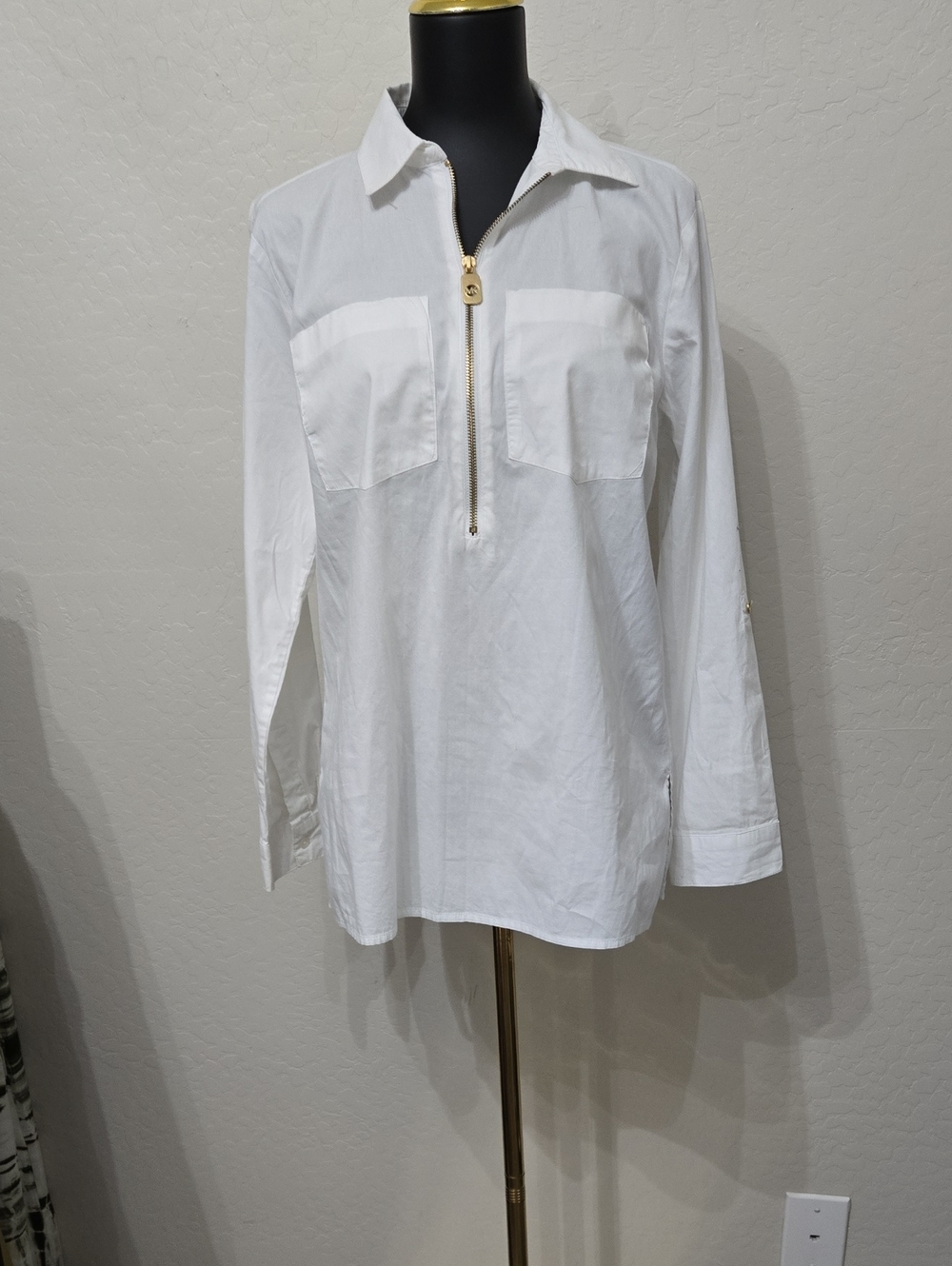 Michael Kors White Half Zipper Blouse Size Medium